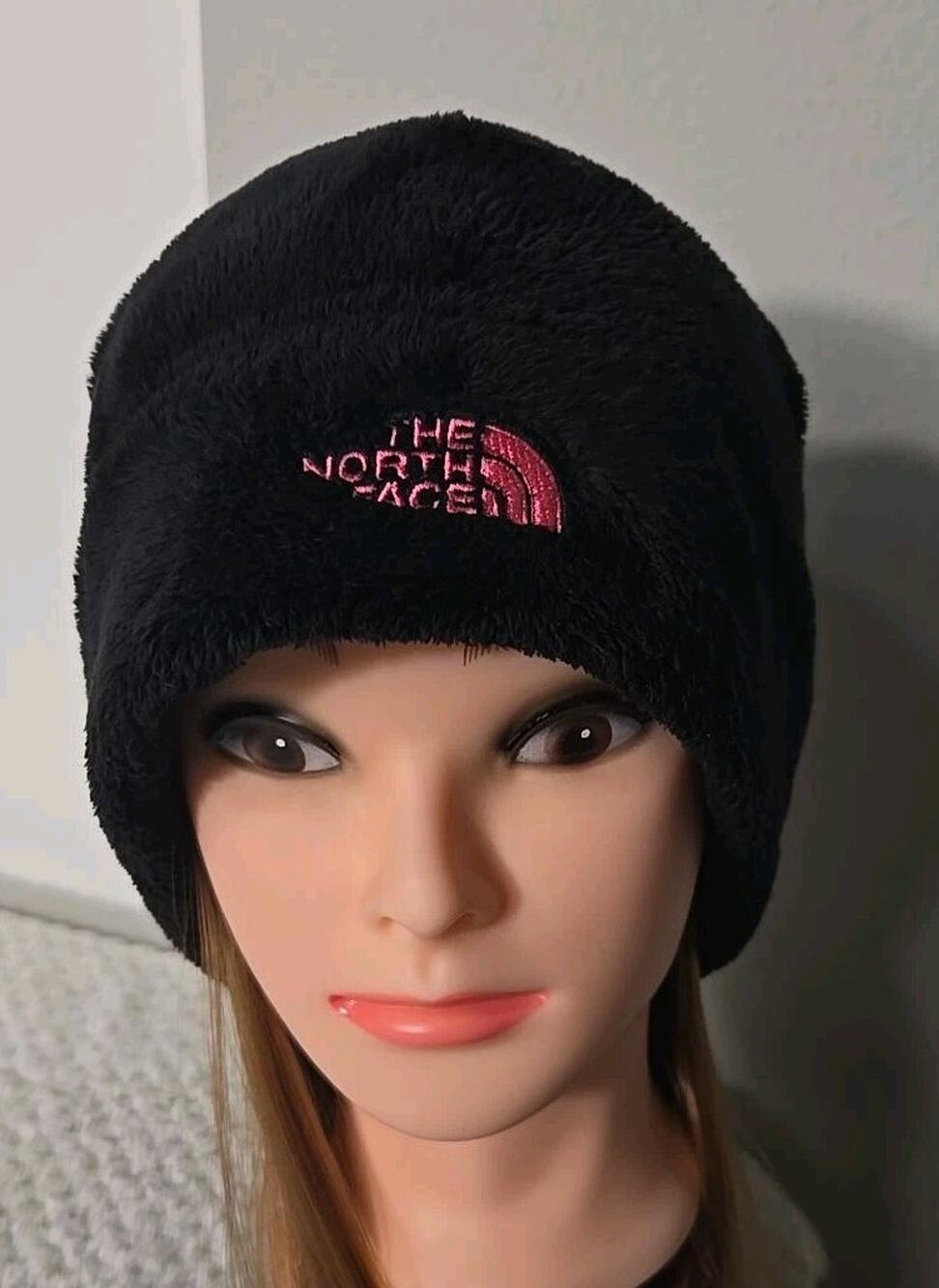 The North Face Unisex L/XL Black Faux Fur Fleece Hat Pink Ribbon Embroidered